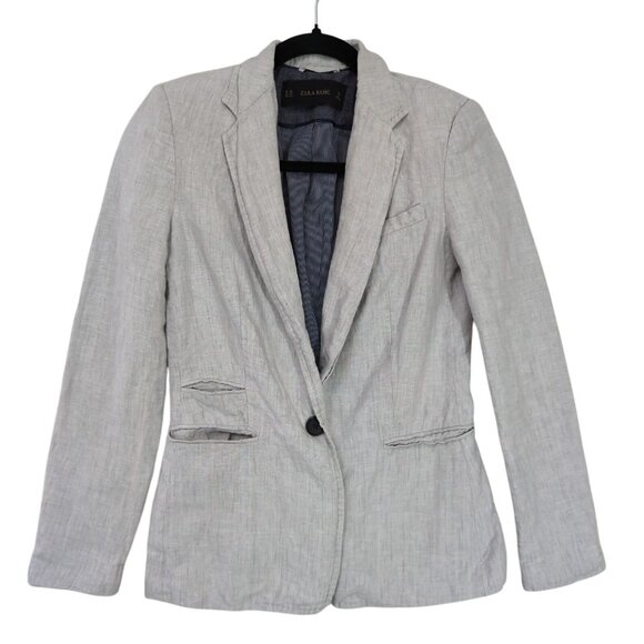 Zara Basic Linen Blazer Womens XS Gray Career Casual Single Button Vented Lined - Picture 1 of 11